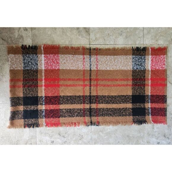 Red black gold plaid infinity scarf/wrap with fringe Fall Winter Autumn - Picture 1 of 5